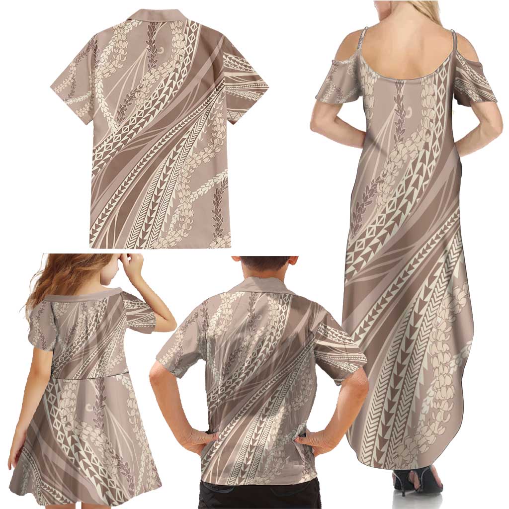 Polynesian Puakeniken Pikake Twisted Lei Family Matching Summer Maxi Dress and Hawaiian Shirt Beige - Polynesian Pride