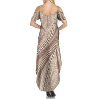 Polynesian Puakeniken Pikake Twisted Lei Family Matching Summer Maxi Dress and Hawaiian Shirt Beige - Polynesian Pride