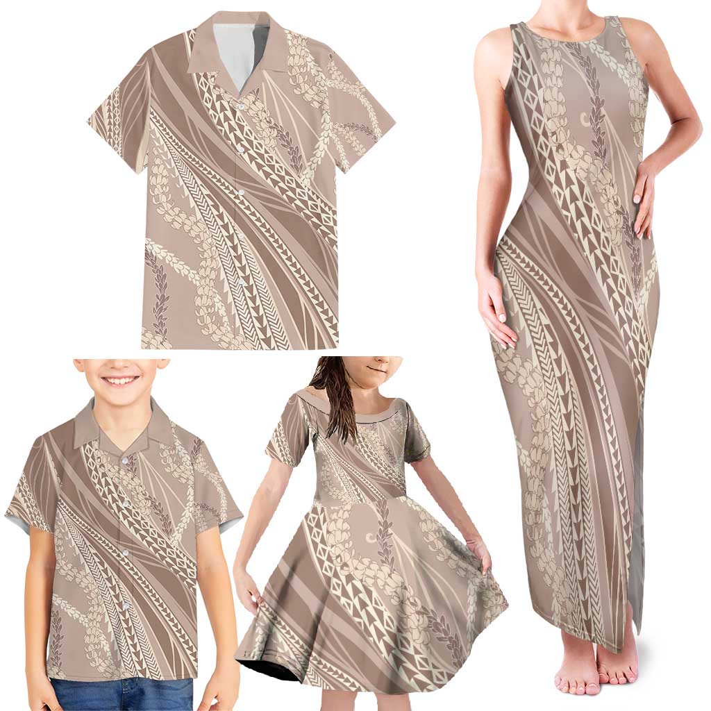 Polynesian Puakeniken Pikake Twisted Lei Family Matching Tank Maxi Dress and Hawaiian Shirt Beige - Polynesian Pride