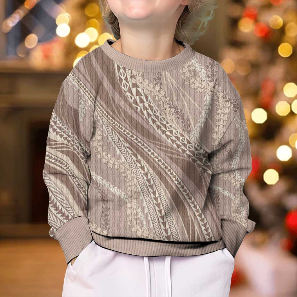 Polynesian Puakeniken Pikake Twisted Lei Kid Ugly Christmas Sweater Beige - Polynesian Pride