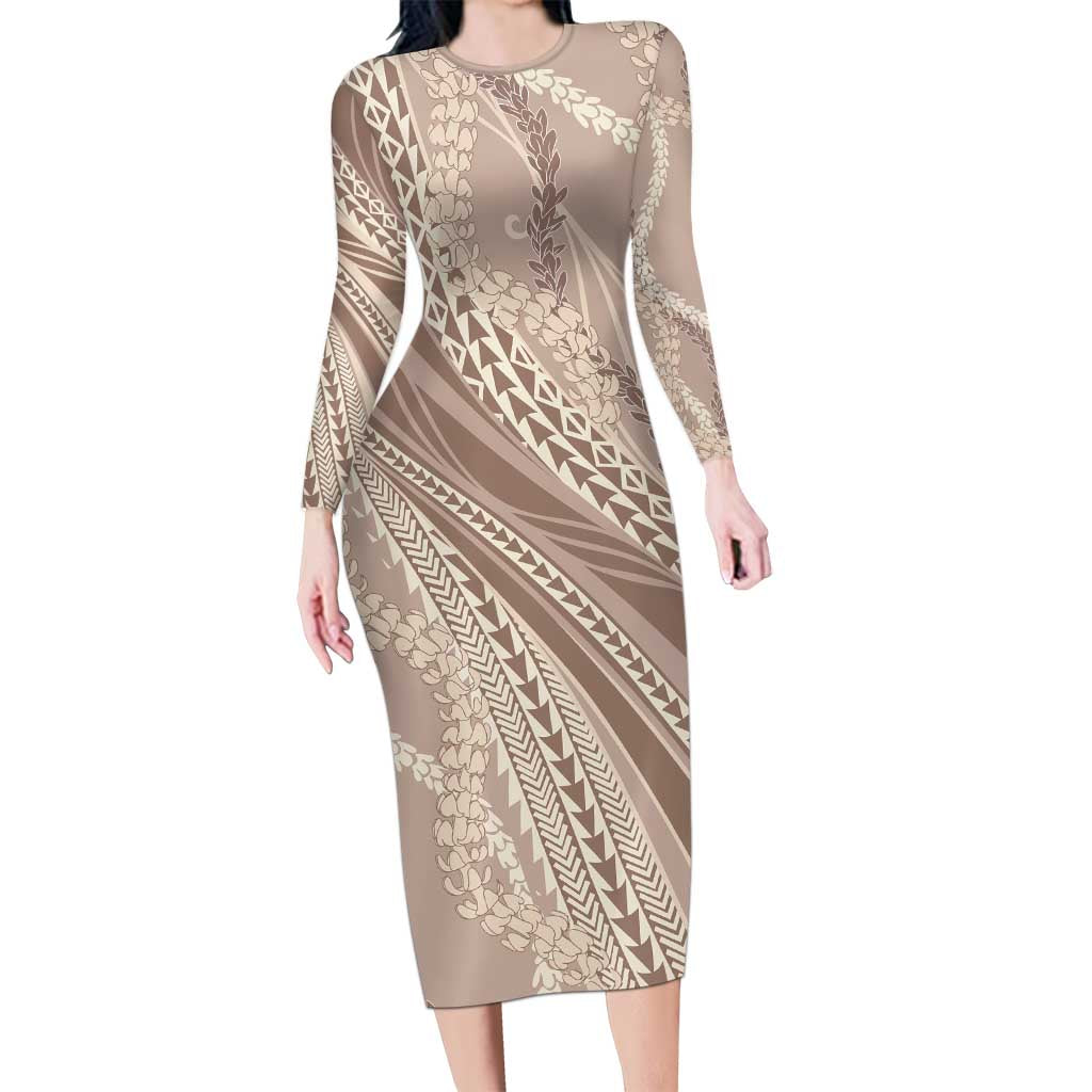 Polynesian Puakeniken Pikake Twisted Lei Long Sleeve Bodycon Dress Beige - Polynesian Pride