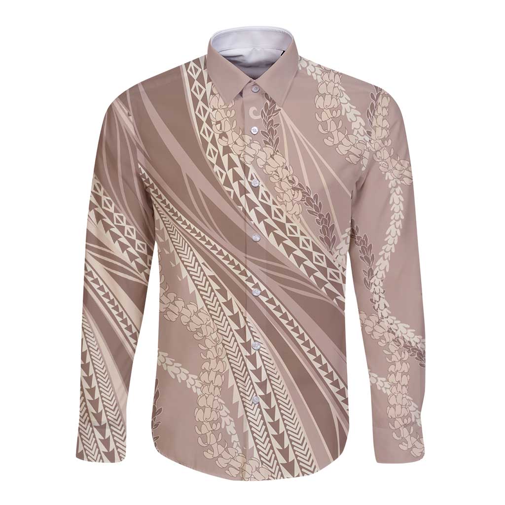 Polynesian Puakeniken Pikake Twisted Lei Long Sleeve Button Shirt Beige - Polynesian Pride