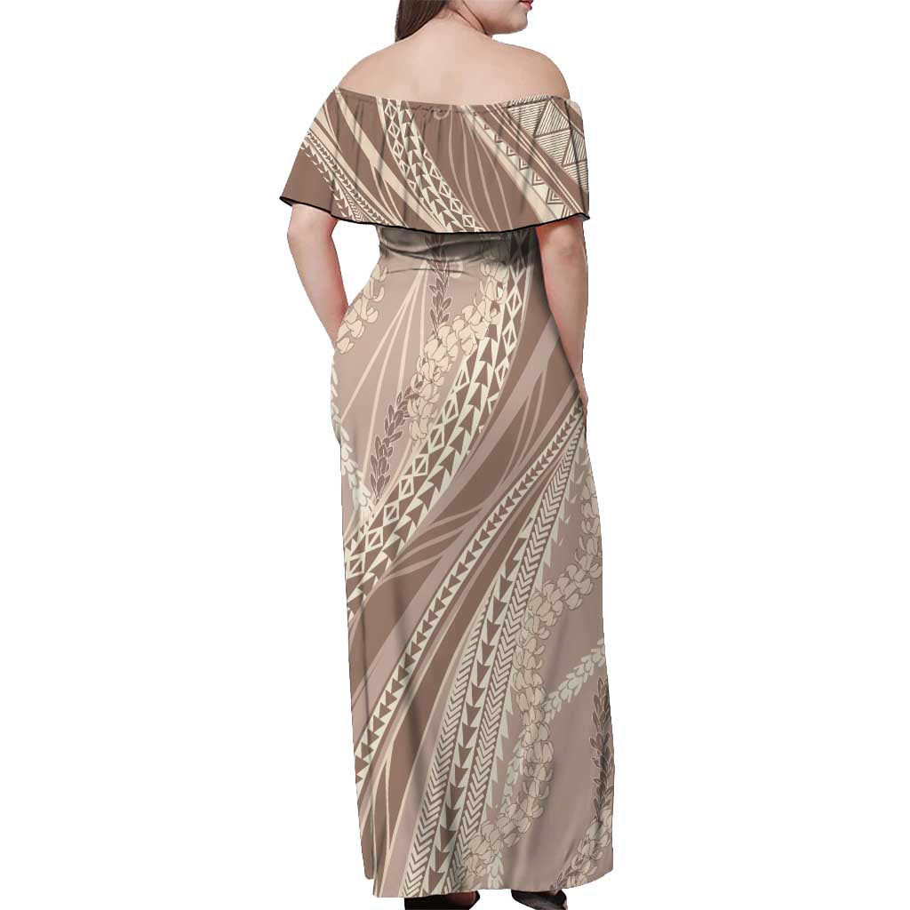 Polynesian Puakeniken Pikake Twisted Lei Off Shoulder Maxi Dress Beige - Polynesian Pride