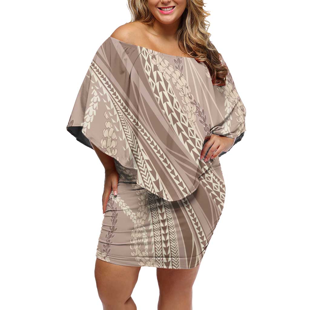 Polynesian Puakeniken Pikake Twisted Lei Off Shoulder Short Dress Beige - Polynesian Pride
