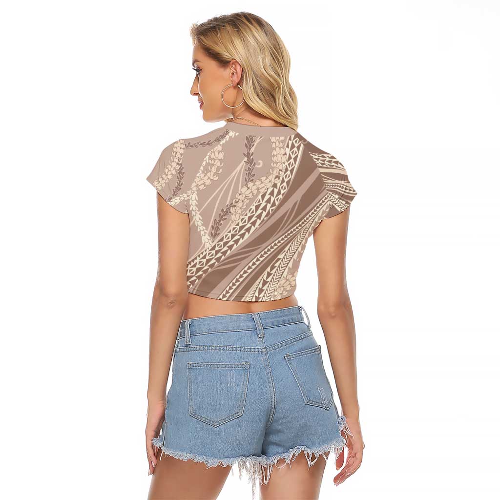 Polynesian Puakeniken Pikake Twisted Lei Raglan Cropped T Shirt Beige - Polynesian Pride