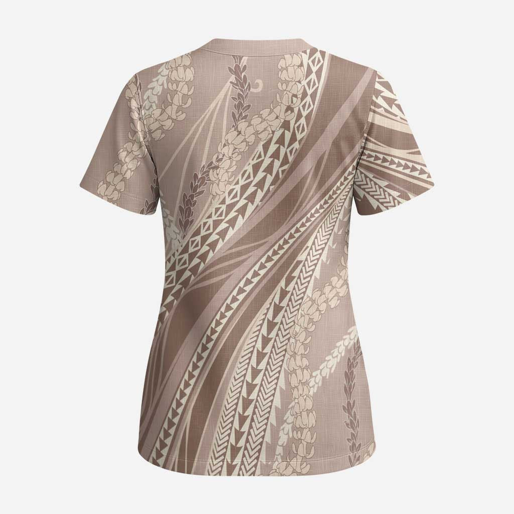 Polynesian Puakeniken Pikake Twisted Lei Scrub Top Beige - Polynesian Pride