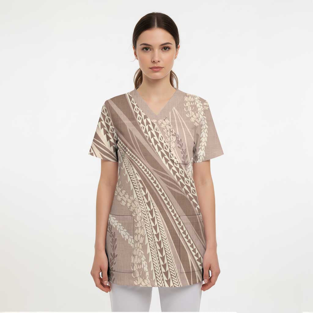 Polynesian Puakeniken Pikake Twisted Lei Scrub Top Beige - Polynesian Pride
