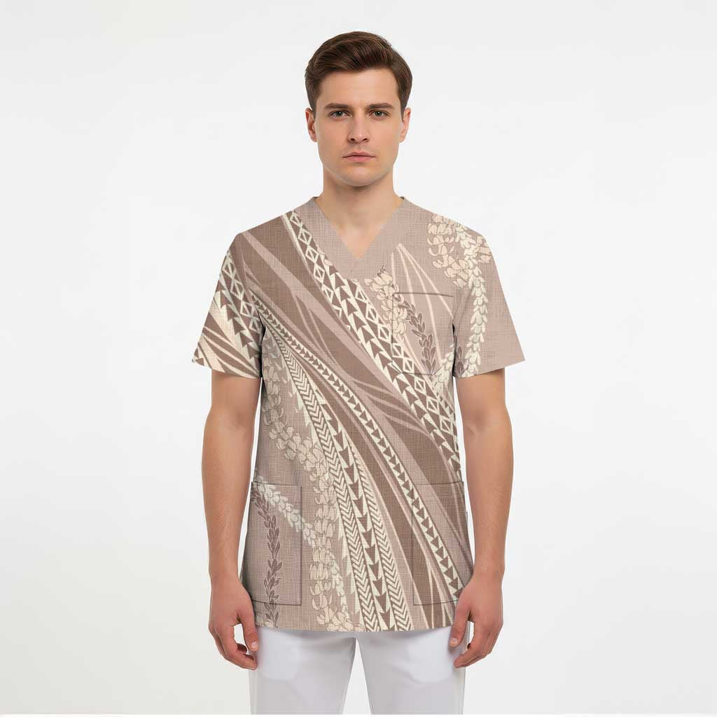 Polynesian Puakeniken Pikake Twisted Lei Scrub Top Beige - Polynesian Pride