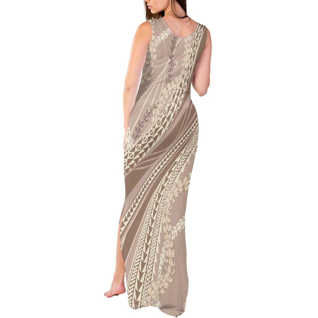 Polynesian Puakeniken Pikake Twisted Lei Tank Maxi Dress Beige - Polynesian Pride
