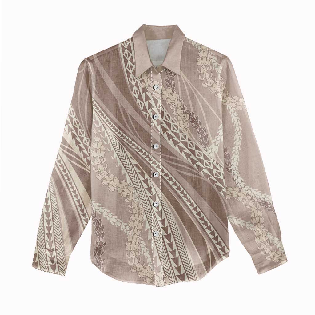 Polynesian Puakeniken Pikake Twisted Lei Women Casual Shirt Beige - Polynesian Pride