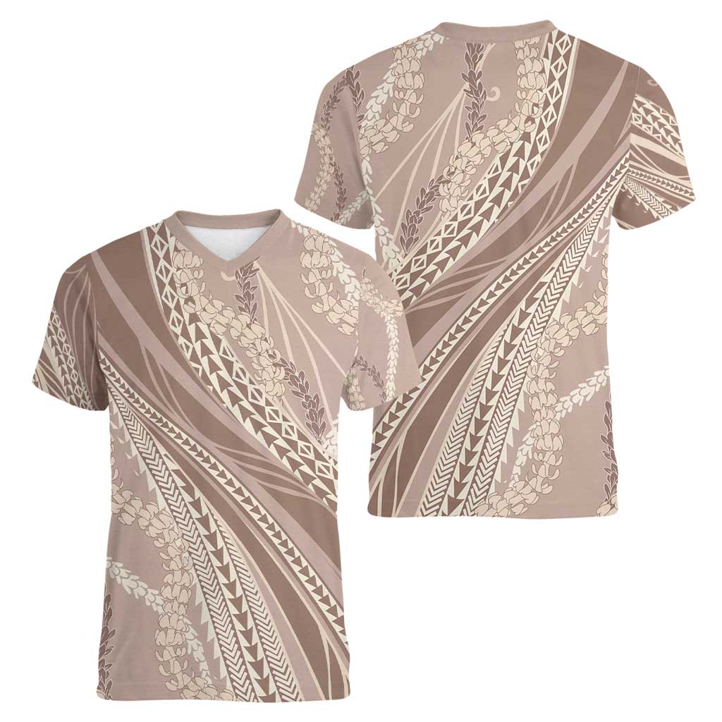 Polynesian Puakeniken Pikake Twisted Lei Women V-Neck T-Shirt Beige - Polynesian Pride