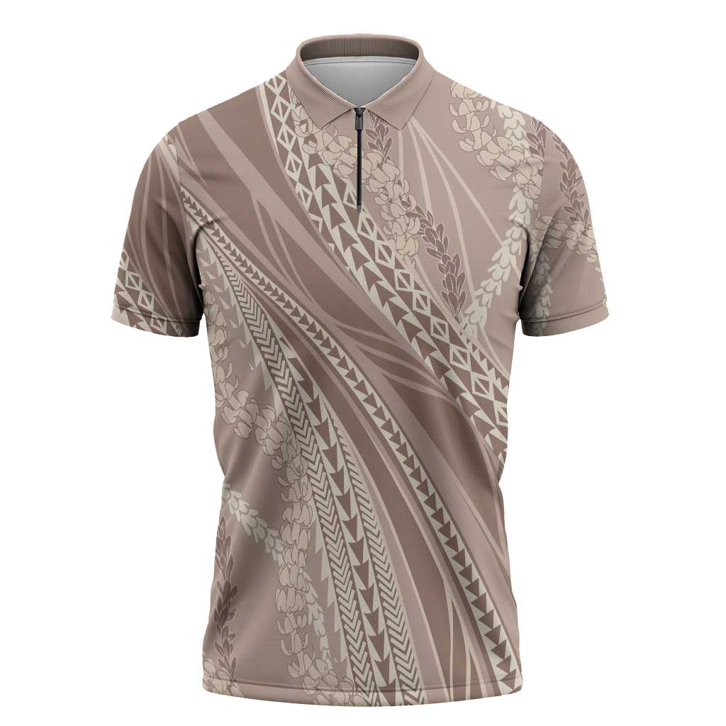 Polynesian Puakeniken Pikake Twisted Lei Zipper Polo Shirt Beige - Polynesian Pride