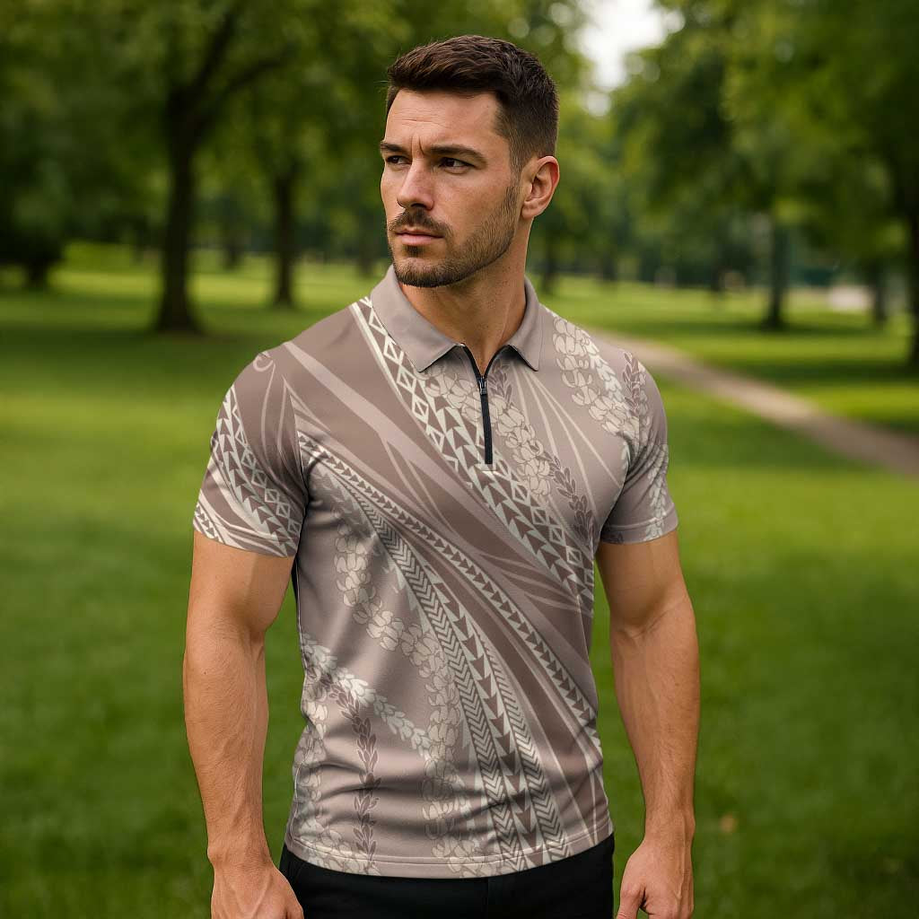 Polynesian Puakeniken Pikake Twisted Lei Zipper Polo Shirt Beige - Polynesian Pride