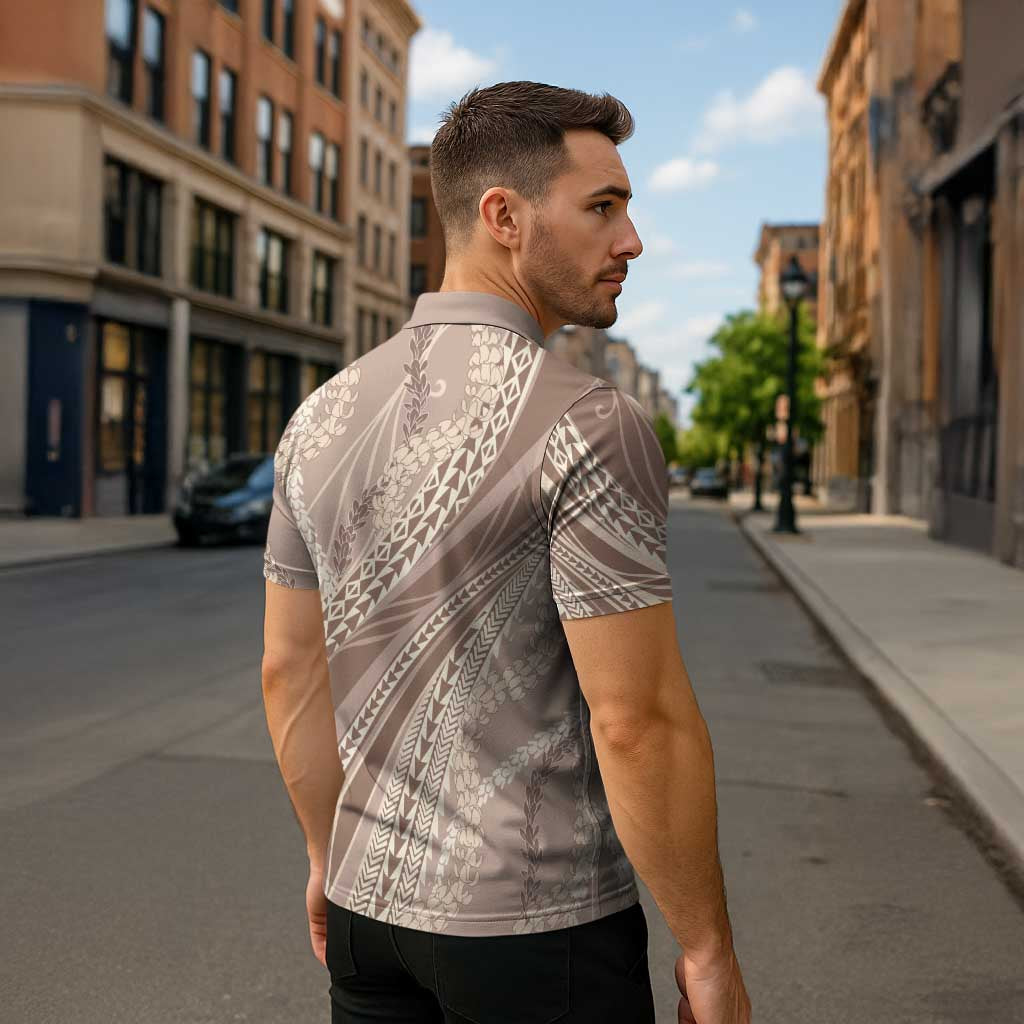 Polynesian Puakeniken Pikake Twisted Lei Zipper Polo Shirt Beige - Polynesian Pride