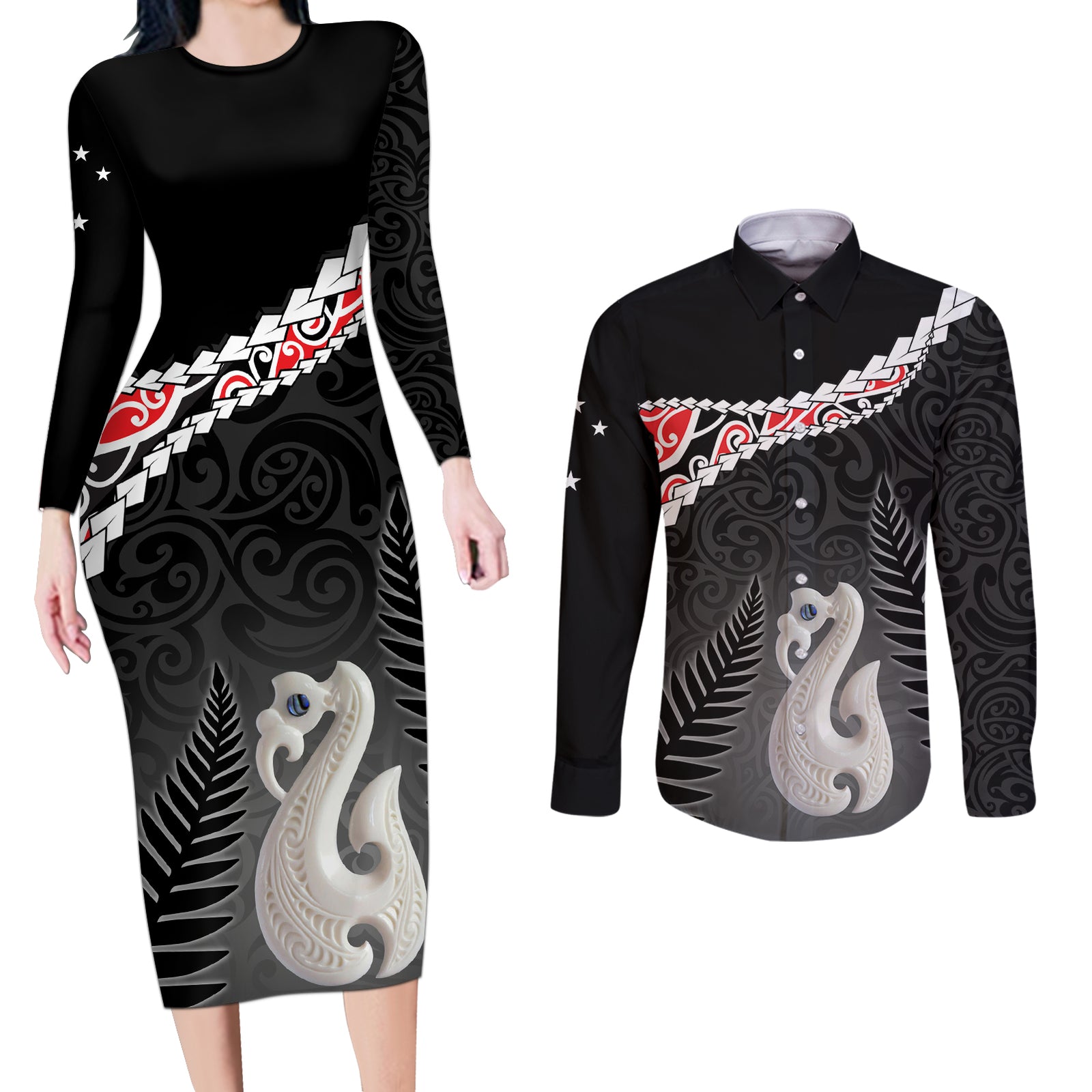 Personalised New Zealand Maori Couples Matching Long Sleeve Bodycon Dress and Long Sleeve Button Shirt Manaia Mix Koru LT7 Black - Polynesian Pride