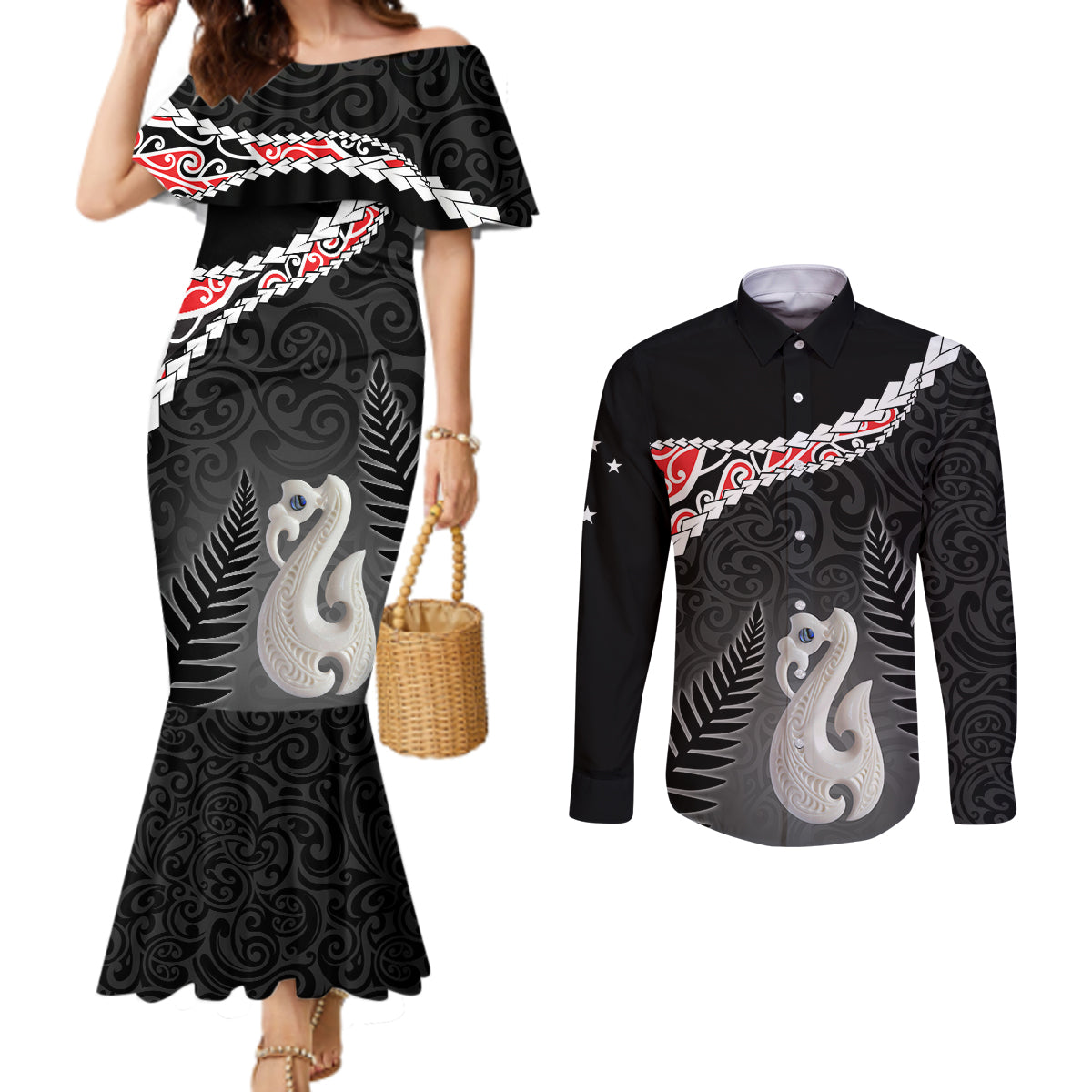 Personalised New Zealand Maori Couples Matching Mermaid Dress and Long Sleeve Button Shirt Manaia Mix Koru LT7 Black - Polynesian Pride