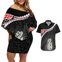 Personalised New Zealand Maori Couples Matching Off Shoulder Short Dress and Hawaiian Shirt Manaia Mix Koru LT7 Black - Polynesian Pride