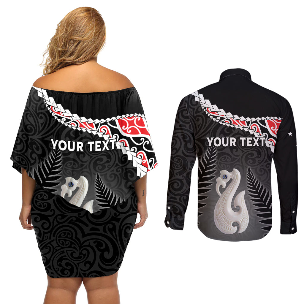 Personalised New Zealand Maori Couples Matching Off Shoulder Short Dress and Long Sleeve Button Shirt Manaia Mix Koru LT7 - Polynesian Pride
