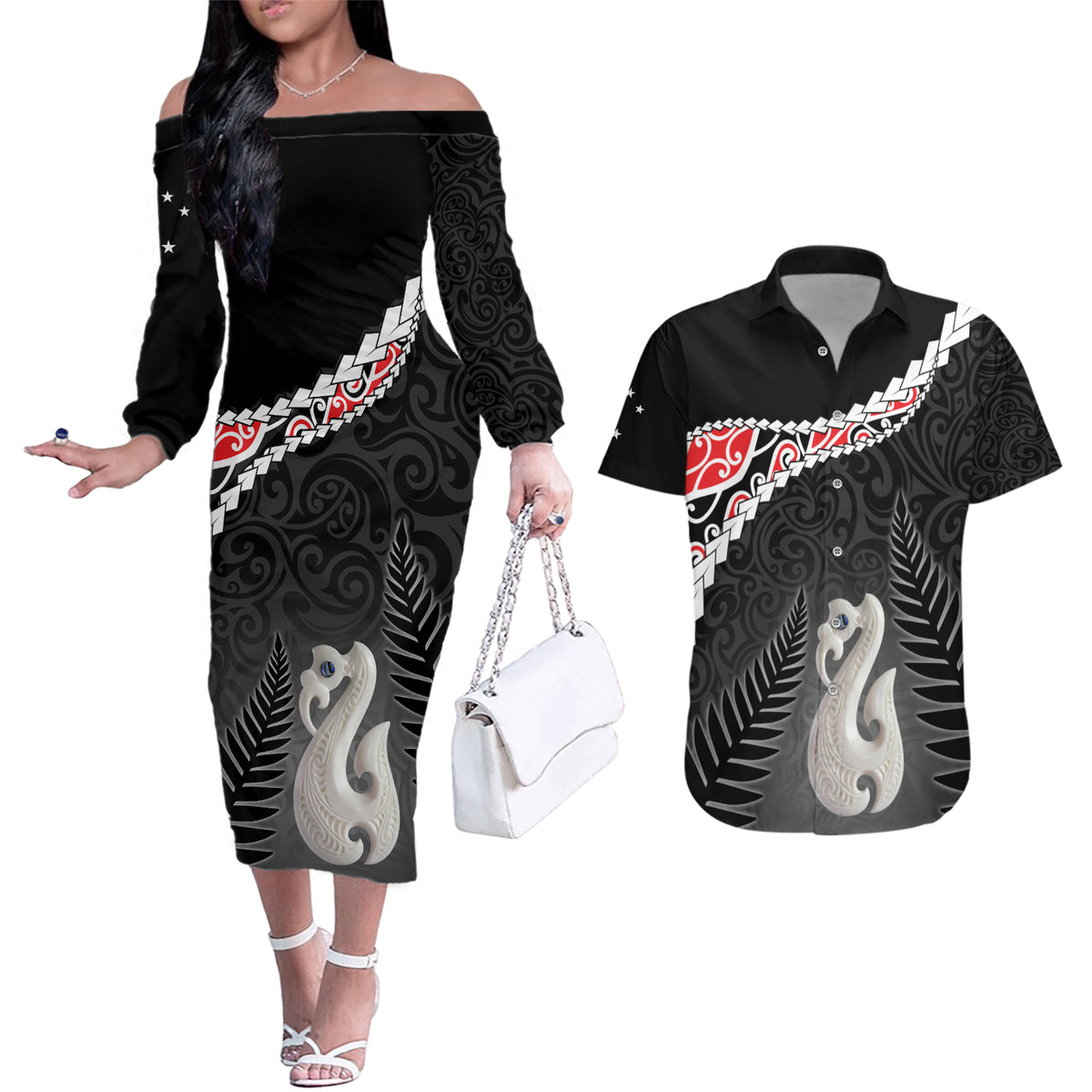 Personalised New Zealand Maori Couples Matching Off The Shoulder Long Sleeve Dress and Hawaiian Shirt Manaia Mix Koru LT7 Black - Polynesian Pride