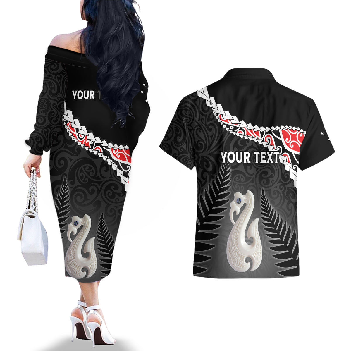 Personalised New Zealand Maori Couples Matching Off The Shoulder Long Sleeve Dress and Hawaiian Shirt Manaia Mix Koru LT7 - Polynesian Pride