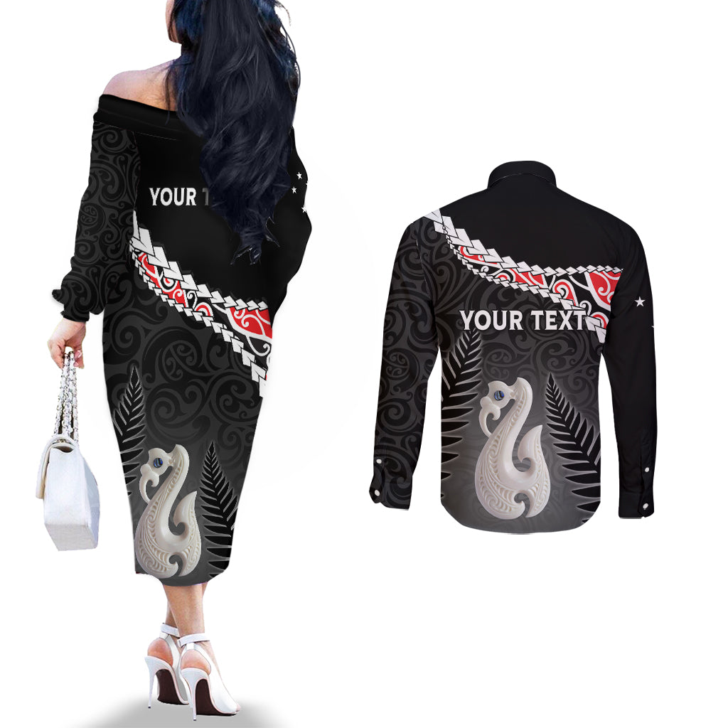 Personalised New Zealand Maori Couples Matching Off The Shoulder Long Sleeve Dress and Long Sleeve Button Shirt Manaia Mix Koru LT7 - Polynesian Pride