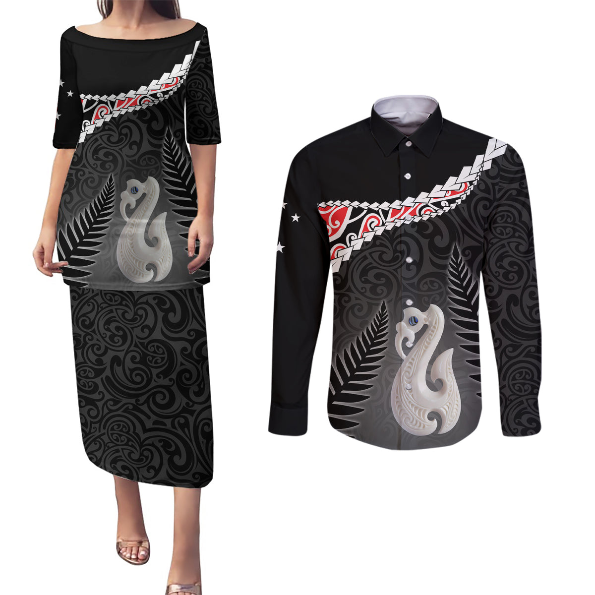 Personalised New Zealand Maori Couples Matching Puletasi and Long Sleeve Button Shirt Manaia Mix Koru LT7 Black - Polynesian Pride