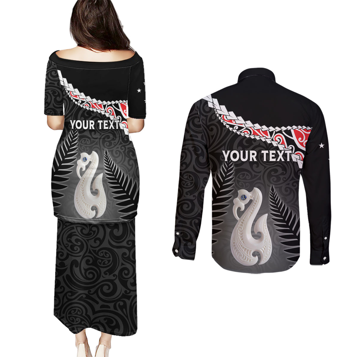 Personalised New Zealand Maori Couples Matching Puletasi and Long Sleeve Button Shirt Manaia Mix Koru LT7 - Polynesian Pride