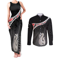 Personalised New Zealand Maori Couples Matching Tank Maxi Dress and Long Sleeve Button Shirt Manaia Mix Koru LT7 Black - Polynesian Pride