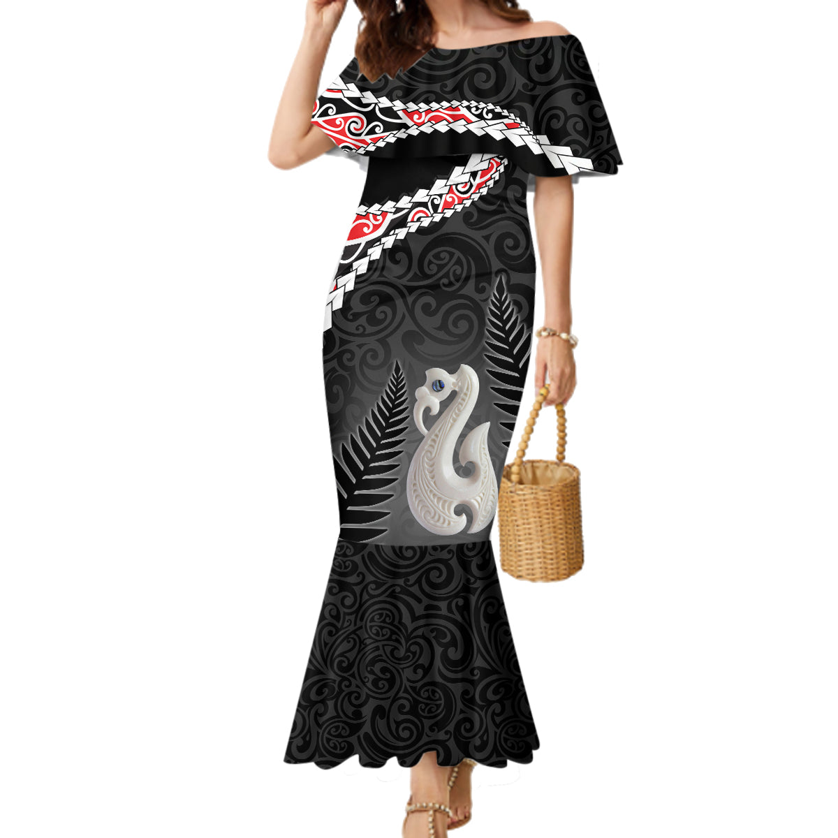 Personalised New Zealand Maori Family Matching Mermaid Dress and Hawaiian Shirt Manaia Mix Koru LT7 Mom's Dress Black - Polynesian Pride