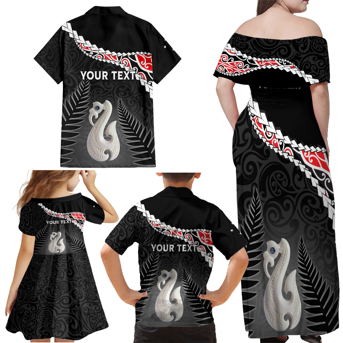 Personalised New Zealand Maori Family Matching Off Shoulder Maxi Dress and Hawaiian Shirt Manaia Mix Koru LT7 - Polynesian Pride