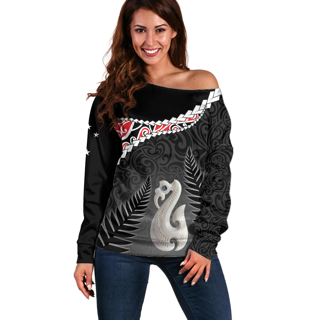 Personalised New Zealand Maori Off Shoulder Sweater Manaia Mix Koru LT7 Women Black - Polynesian Pride