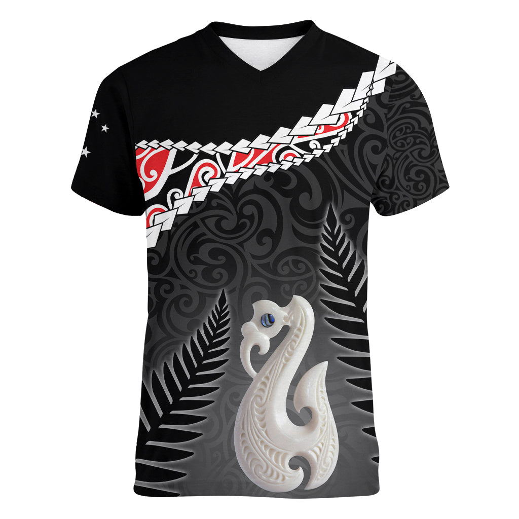 Personalised New Zealand Maori Women V Neck T Shirt Manaia Mix Koru LT7 Female Black - Polynesian Pride