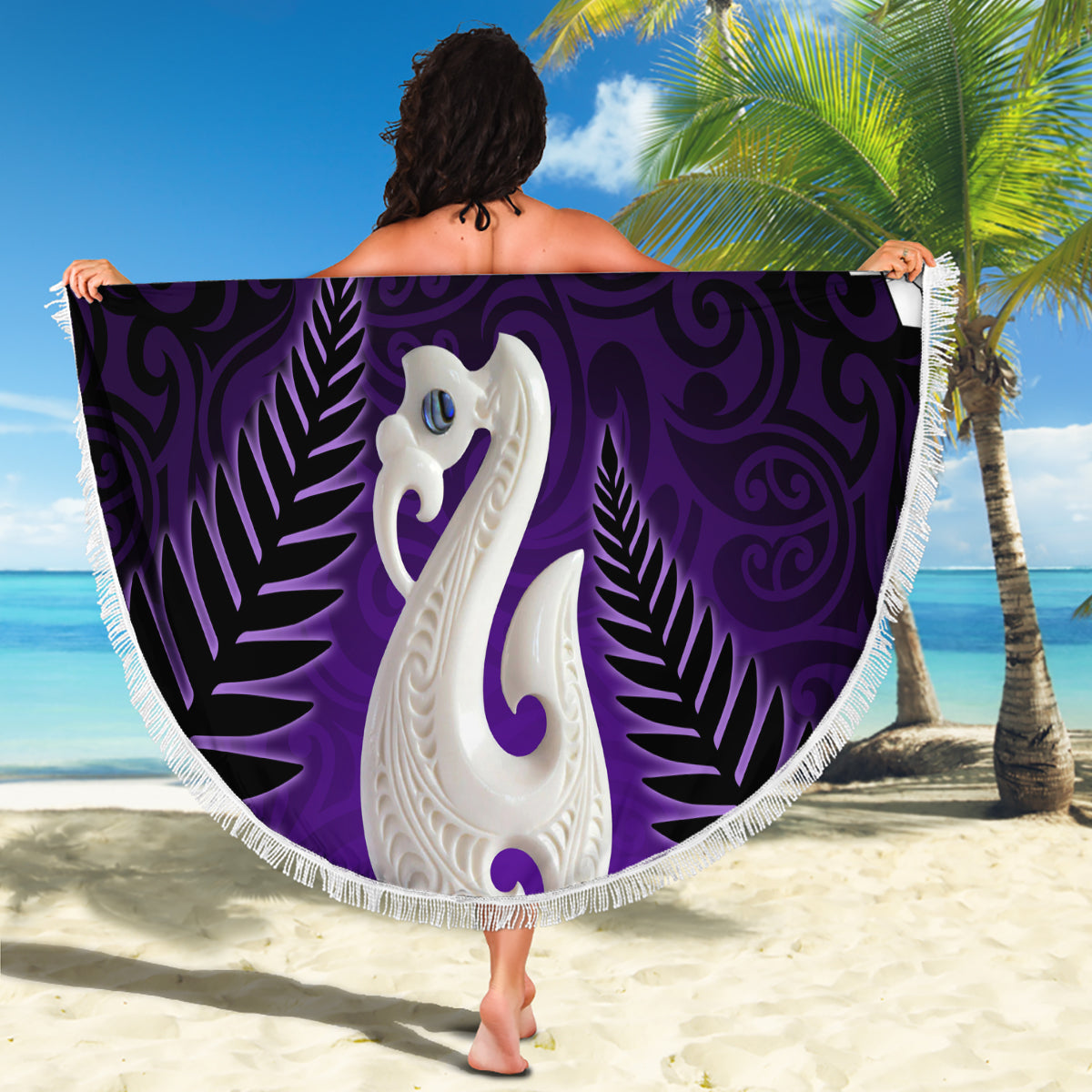 Personalised New Zealand Maori Beach Blanket Manaia Paua Shell Purple LT7 - Polynesian Pride