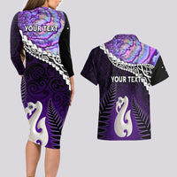 Personalised New Zealand Maori Couples Matching Long Sleeve Bodycon Dress and Hawaiian Shirt Manaia Paua Shell Purple LT7 - Polynesian Pride