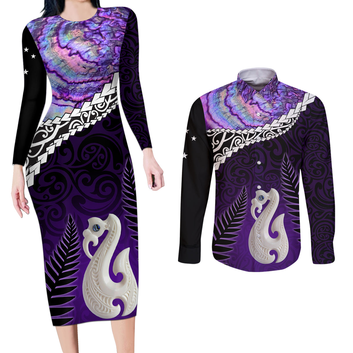 Personalised New Zealand Maori Couples Matching Long Sleeve Bodycon Dress and Long Sleeve Button Shirt Manaia Paua Shell Purple LT7 Purple - Polynesian Pride