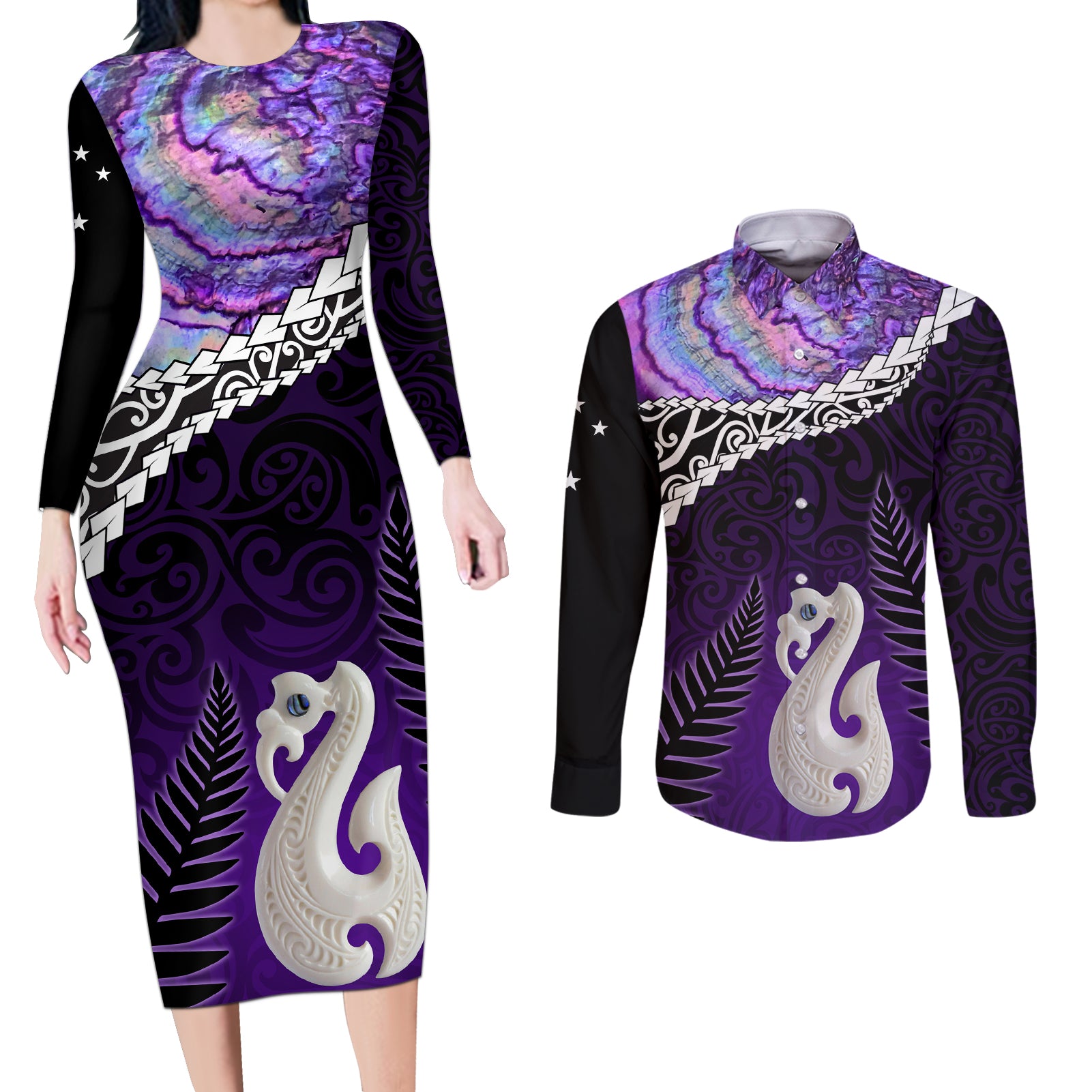 Personalised New Zealand Maori Couples Matching Long Sleeve Bodycon Dress and Long Sleeve Button Shirt Manaia Paua Shell Purple LT7 Purple - Polynesian Pride