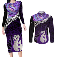 Personalised New Zealand Maori Couples Matching Long Sleeve Bodycon Dress and Long Sleeve Button Shirt Manaia Paua Shell Purple LT7 Purple - Polynesian Pride