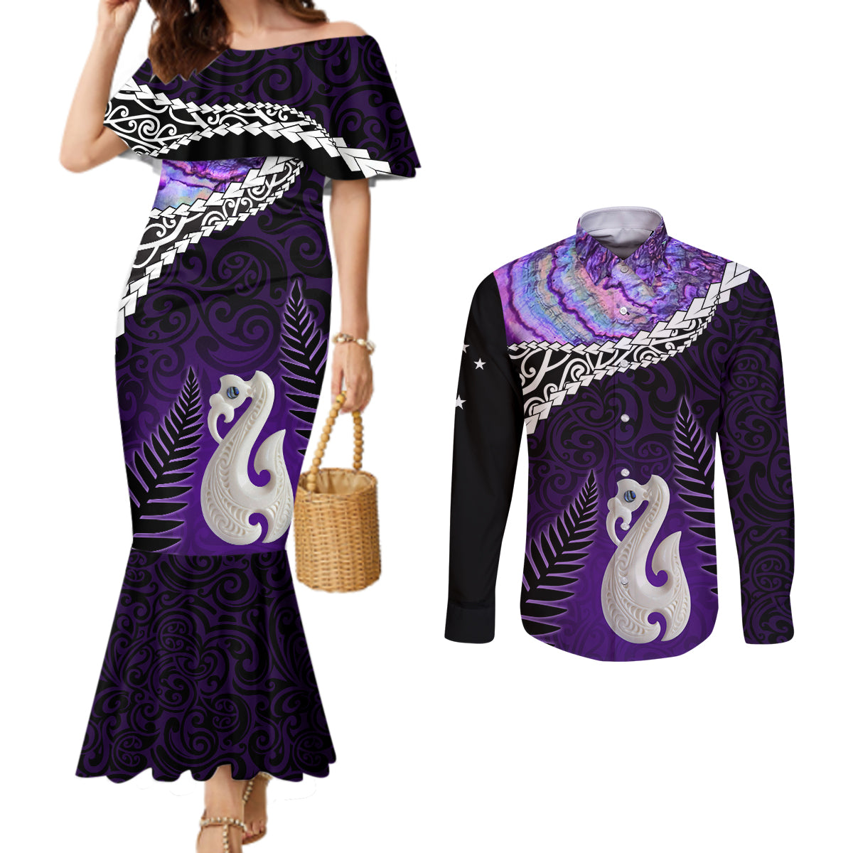 Personalised New Zealand Maori Couples Matching Mermaid Dress and Long Sleeve Button Shirt Manaia Paua Shell Purple LT7 Purple - Polynesian Pride