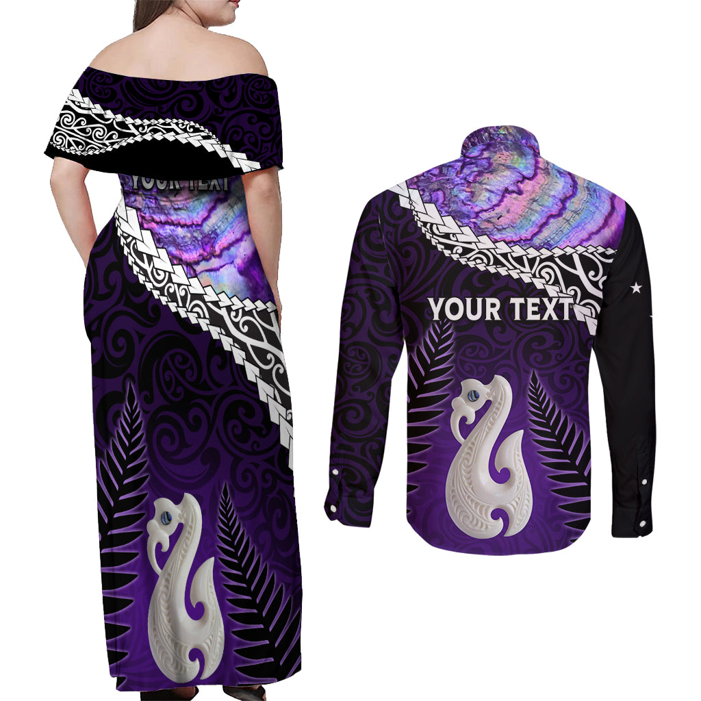 Personalised New Zealand Maori Couples Matching Off Shoulder Maxi Dress and Long Sleeve Button Shirt Manaia Paua Shell Purple LT7 - Polynesian Pride
