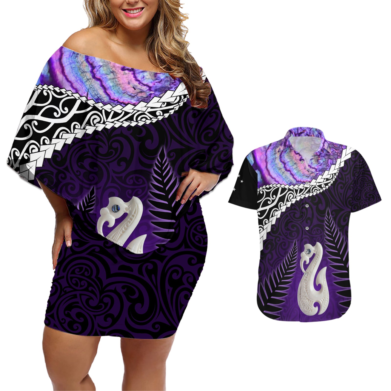 Personalised New Zealand Maori Couples Matching Off Shoulder Short Dress and Hawaiian Shirt Manaia Paua Shell Purple LT7 Purple - Polynesian Pride