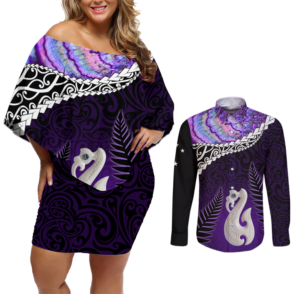 Personalised New Zealand Maori Couples Matching Off Shoulder Short Dress and Long Sleeve Button Shirt Manaia Paua Shell Purple LT7 Purple - Polynesian Pride