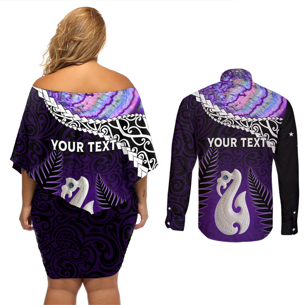 Personalised New Zealand Maori Couples Matching Off Shoulder Short Dress and Long Sleeve Button Shirt Manaia Paua Shell Purple LT7 - Polynesian Pride