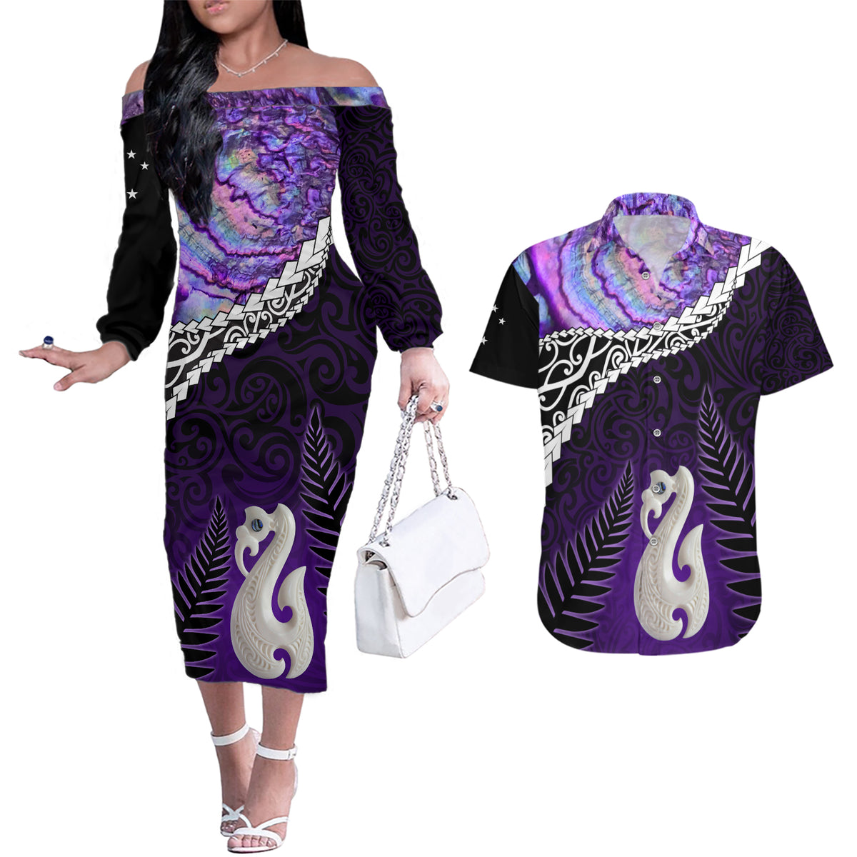 Personalised New Zealand Maori Couples Matching Off The Shoulder Long Sleeve Dress and Hawaiian Shirt Manaia Paua Shell Purple LT7 Purple - Polynesian Pride