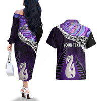Personalised New Zealand Maori Couples Matching Off The Shoulder Long Sleeve Dress and Hawaiian Shirt Manaia Paua Shell Purple LT7 - Polynesian Pride