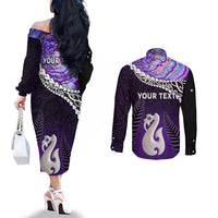 Personalised New Zealand Maori Couples Matching Off The Shoulder Long Sleeve Dress and Long Sleeve Button Shirt Manaia Paua Shell Purple LT7 - Polynesian Pride