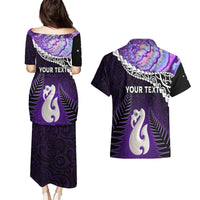 Personalised New Zealand Maori Couples Matching Puletasi and Hawaiian Shirt Manaia Paua Shell Purple LT7 - Polynesian Pride