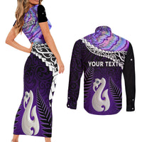 Personalised New Zealand Maori Couples Matching Short Sleeve Bodycon Dress and Long Sleeve Button Shirt Manaia Paua Shell Purple LT7 - Polynesian Pride