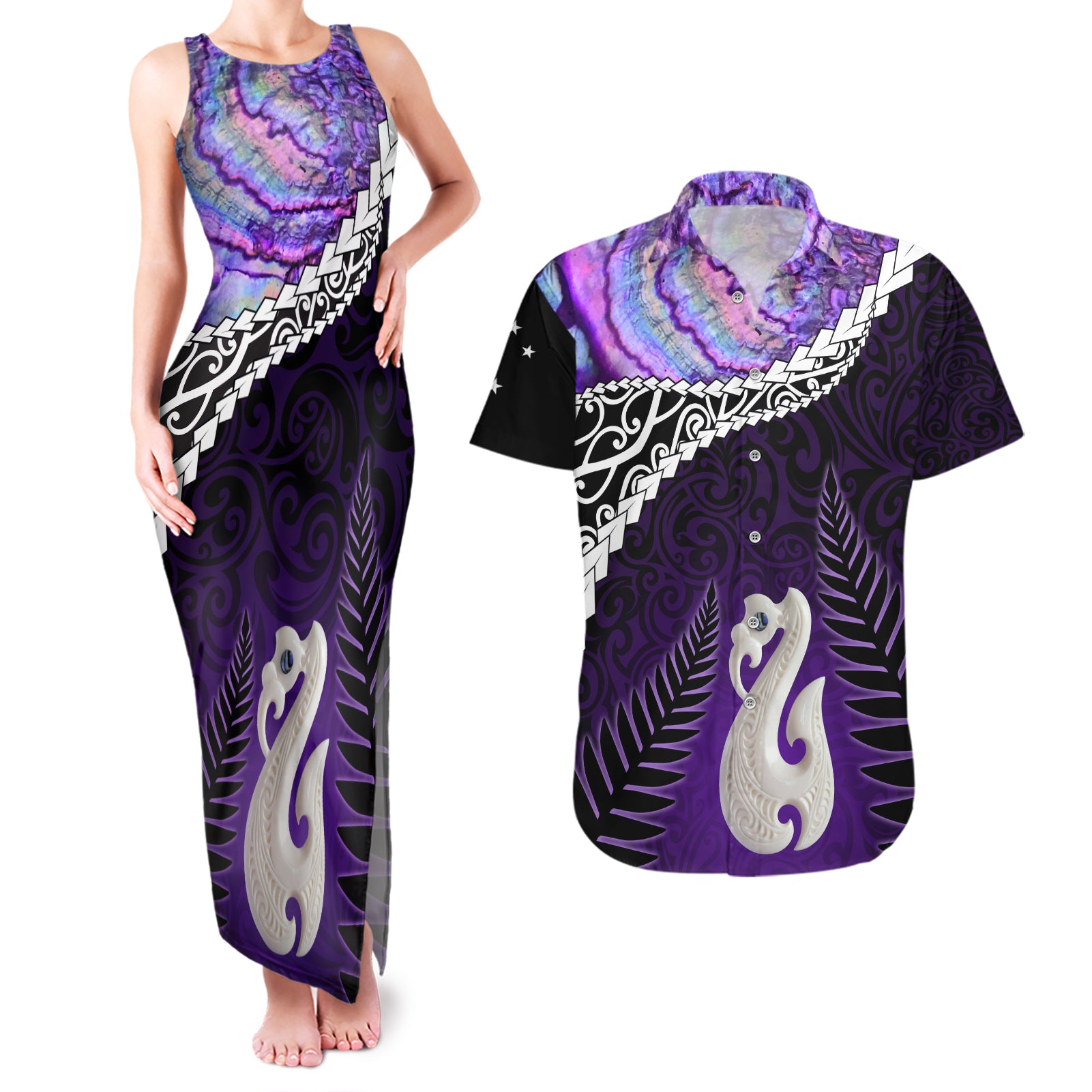 Personalised New Zealand Maori Couples Matching Tank Maxi Dress and Hawaiian Shirt Manaia Paua Shell Purple LT7 Purple - Polynesian Pride