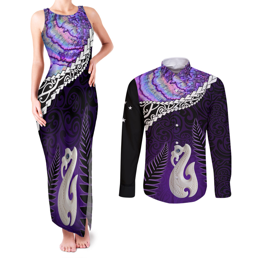Personalised New Zealand Maori Couples Matching Tank Maxi Dress and Long Sleeve Button Shirt Manaia Paua Shell Purple LT7 Purple - Polynesian Pride