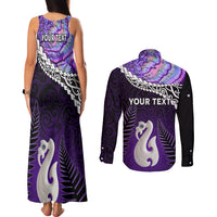 Personalised New Zealand Maori Couples Matching Tank Maxi Dress and Long Sleeve Button Shirt Manaia Paua Shell Purple LT7 - Polynesian Pride